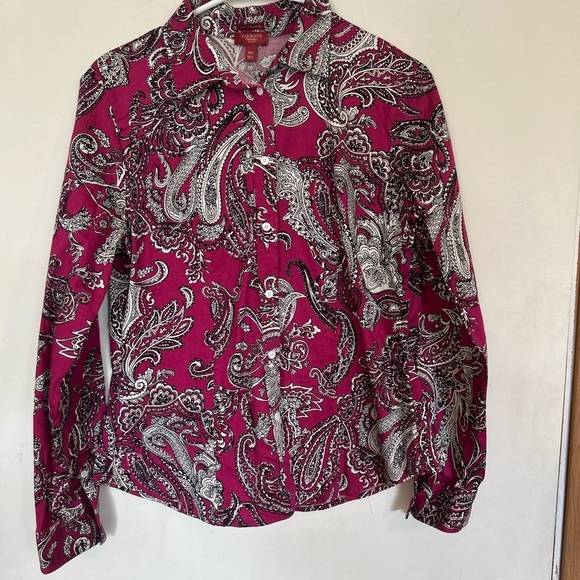 Talbots Women's Size 10P Paisley Stretch Cotton Sateen Button Down
Shirt - Picture 1 of 10